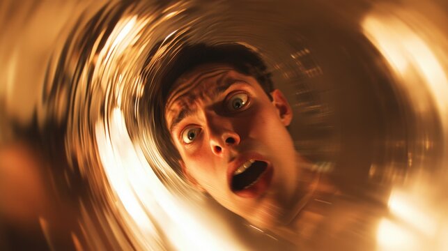 Distorted Funhouse Mirror Reflection Of An Anxious Man