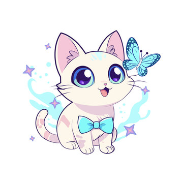 Adorable Cartoon Kitten with Butterfly Vector Art