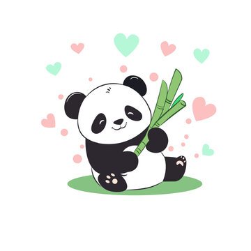 Cute Panda Eating Bamboo with Heart Elements Vector Art