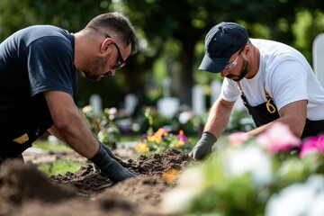 Two workers carefully digging a grave in a cemetery surrounded by blooming flowers, highlighting the solemnity and respect associated with this important task.