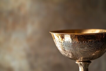 Photo of a chalice in close-up, isolated on a neutral background, with soft lighting reflecting off the metal surface to create a minimalist aesthetic