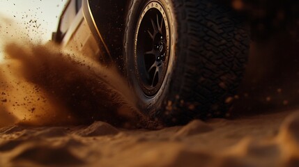 Off-Road Adventure: Tire in Motion, Desert Landscape