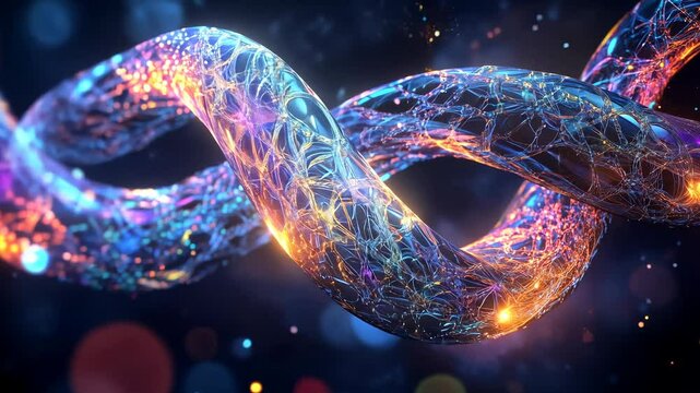 A bioluminescent chain, glowing in neon blue, purple, green, and orange colors on a black background.