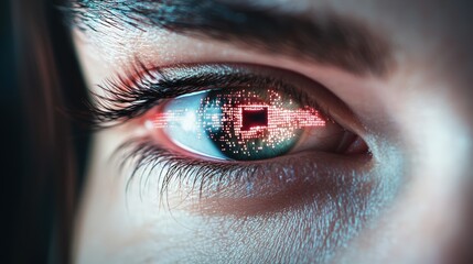 Biometric Eye Scan Futuristic security system scanning a person retina, with glowing lasers and digital grids highlighting the advanced technology.