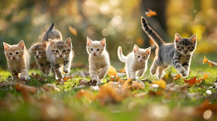A bunch of adorable kitties sprinting into a nice autumn day at the park covered in greenery