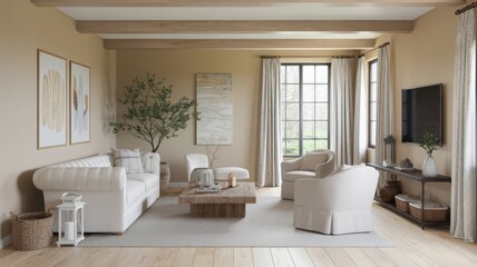 Fototapeta premium Stylish Modern Living Room with Natural Light and Cozy Decor. Discover a serene living room featuring neutral tones, elegant furniture, and natural elements, perfect for relaxation and gathe...