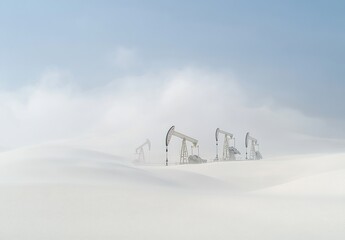 Oil pumps in a misty desert landscape, a serene yet industrial scene showcasing the contrast between nature and industry.