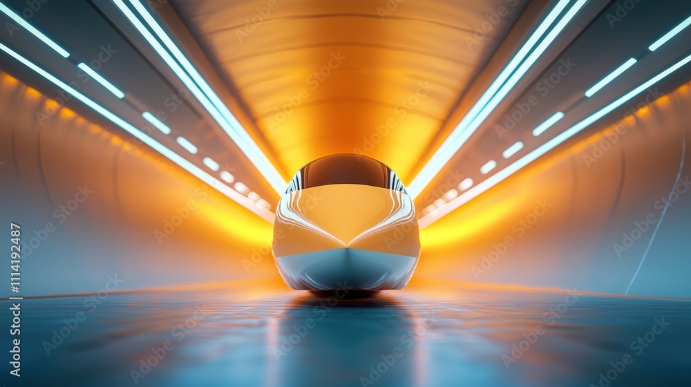 Poster train futuristic tunnel design close up of the hyperloop train nose entering a brightly lit tunnel, 