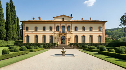 Fototapeta premium Exterior architectural photography of a grand Italian renaissance villa, full front view of the entire structure, symmetrical facade with arched windows, mediterranean garden setting, professional rea
