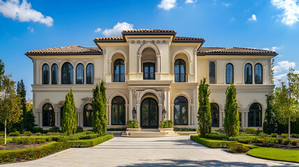 Exterior architectural photography of a grand Italian renaissance villa, full front view of the entire structure, symmetrical facade with arched windows, mediterranean garden setting, professional rea