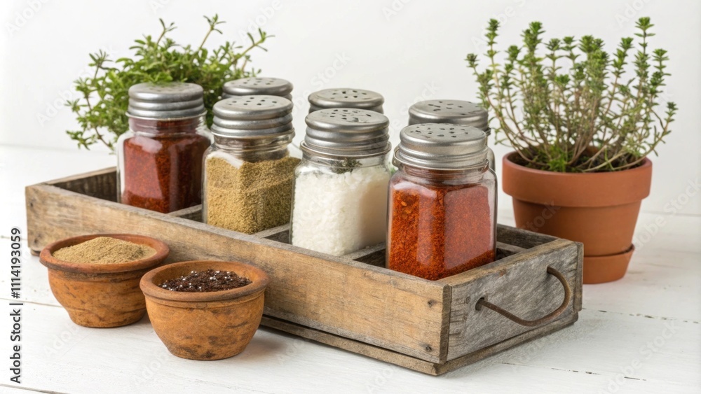 Poster various spices and herbs are neatly arranged in a rustic wooden box, showcasing a vibrant array of c