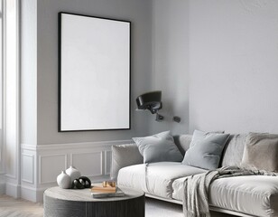 Cozy living room interior mockup with a stylish ISO A paper size frame, showcasing beautiful wall art and modern design elements.