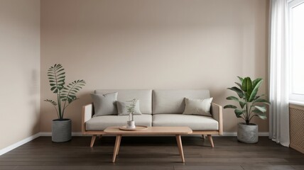 Fototapeta premium Minimalist Living Room with Wooden Sofa and Indoor Plants. Stylish minimalist living room featuring a light wooden sofa, natural decor, and indoor plants for a fresh ambiance.