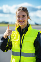 Smiling female airport ground crew worker in reflective vest giving a thumbs-up on a sunny day at the runway