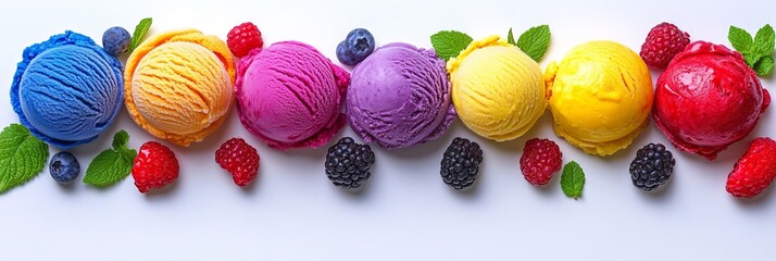 Set of colorful fruit ice cream scoops with fresh berries isolated on white. Top view, panorama.