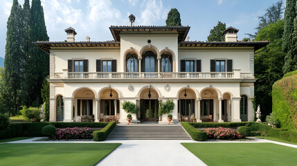 Exterior architectural photography of a grand Italian renaissance villa, full front view of the entire structure, symmetrical facade with arched windows, mediterranean garden setting, professional rea