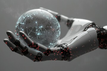 AI robot hand delicately holding digital Earth with network connections