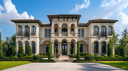 Obraz premium Exterior architectural photography of a grand Italian renaissance villa, full front view of the entire structure, symmetrical facade with arched windows, mediterranean garden setting, professional rea