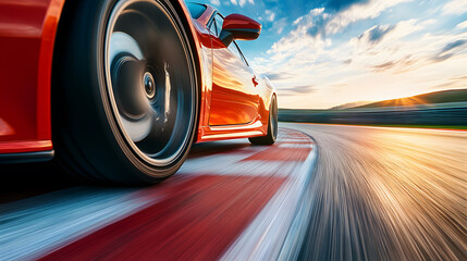 Fast car creating motion blur on race track towards finish line with championship speed intensity. competition drive showcasing dynamic sport action.