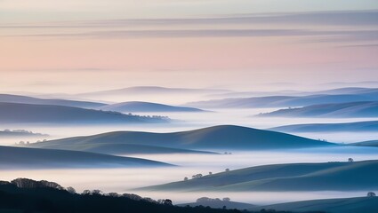 Obraz premium Panoramic view of misty rolling hills at dawn/dusk, featuring layered terrain in soft gradients of blue, purple, and pink under a pastel sky, evoking serenity.