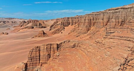 Spectacular Yardang landform mountain natural landscape in Xinjiang. A famous no man's land geopark. Dahaidao desert gobi scenery in China.