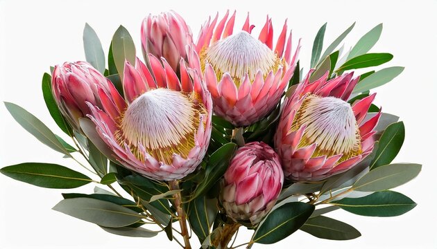 bouquet of pink proteas flowers with green leaves isolated on white background exotic floral decor transparent background png