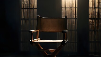 There is a backlight shining on the director's chair. A chair is free. notion of casting and selecting. Light and shadow.