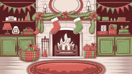 Cozy Christmas Living Room Festive Decor Stockings Illustration