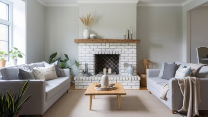 Modern Living Room with Cozy Fireplace and Minimalist Decor. Explore this stylish living room featuring a bright fireplace and contemporary furnishings that create a relaxing atmosphere.