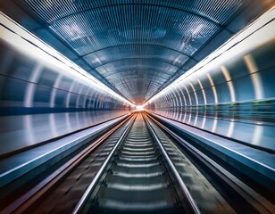 captivating view of a futuristic subway tunnel with blurred tracks and glowing light showcasing urban transport speed and motion dynamics