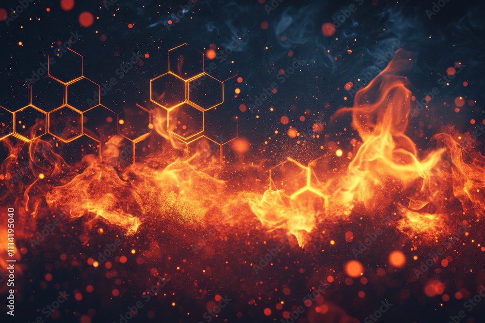 Poster abstract fiery background with glowing hexagonal shapes and sparkles