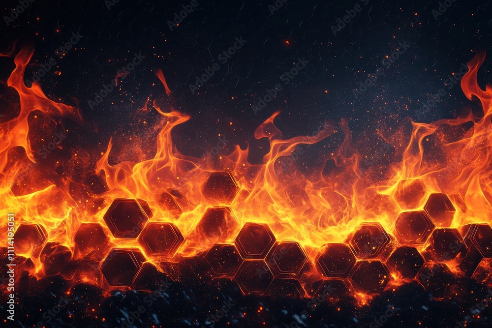 Poster abstract fiery hexagonal background with vivid red and orange flames