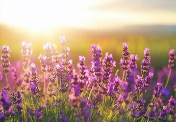 Naklejka premium Lavender Field at Sunset with Golden Light 