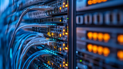 Optic fiber cable, ethernet server, broadband transfer speed, wire telecommunication, digital network connection, data tech infrastructure.