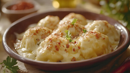 Plump dumplings filled with cheese served as main dish, food cuisine with delicious traditional meal preparation for homemade lunch.