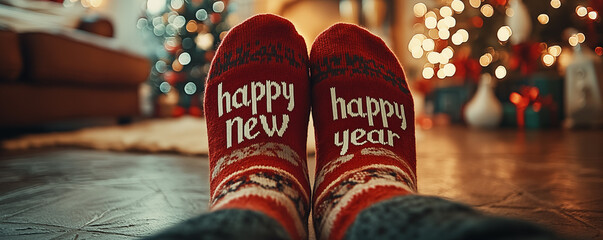 Obraz premium Closeup of funny socks of lying person with Happy New Year text, and christmas decoration in background. Shallow depth of field.