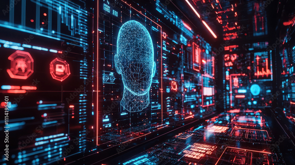 Poster cybersecurity data protection concept. futuristic digital interface with holographic head and data v