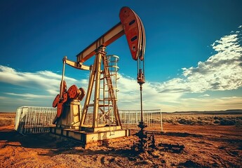 Fototapeta premium Majestic oil pump jack silhouetted against a vibrant sunset sky, showcasing the energy industry in a dramatic desert landscape.