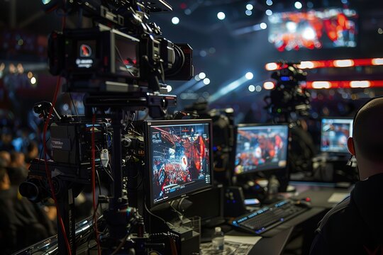 E-sports events stream live globally. High-tech gaming event setup
