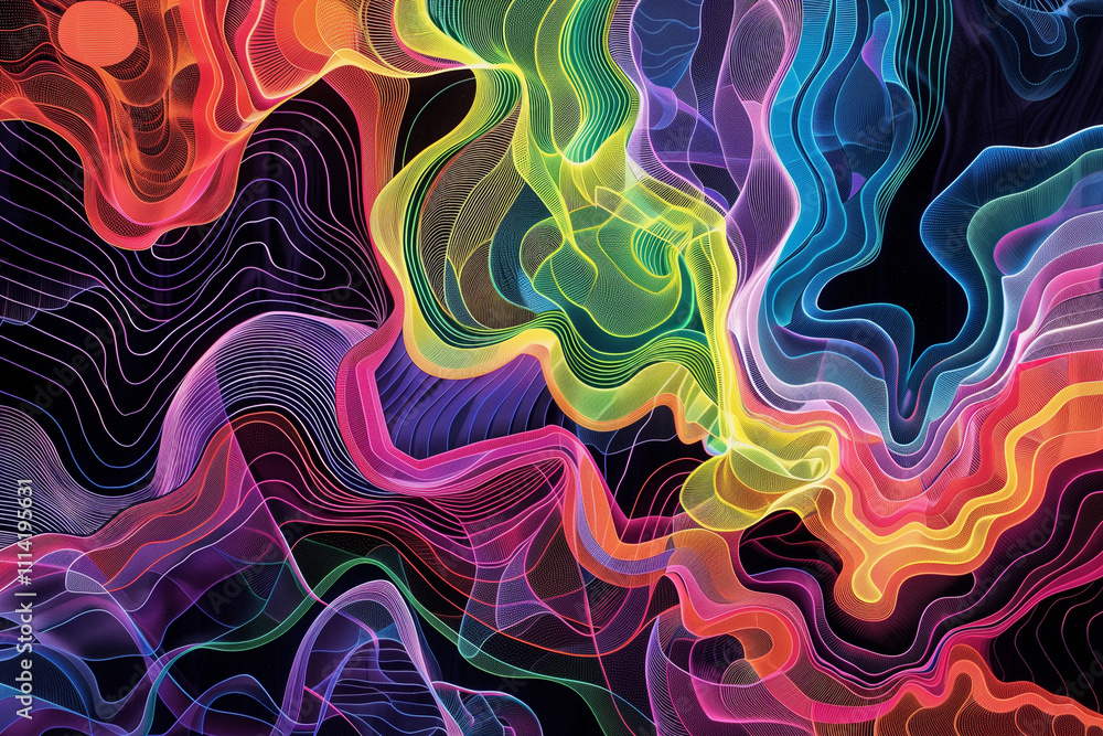 Poster a vibrant and intricate line art composition featuring swirling, interconnected patterns in a spectr
