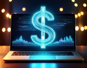 a glowing dollar sign displayed on a laptop screen symbolizing finance digital currency and technology in modern commerce