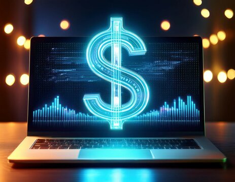 a glowing dollar sign displayed on a laptop screen symbolizing finance digital currency and technology in modern commerce