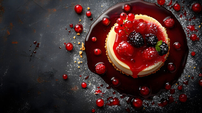 Rich cheesecake topped with fresh berry, sweet dessert fruit creation with delicious tasty sugar coating viewed from above with tart from top view with copy space.