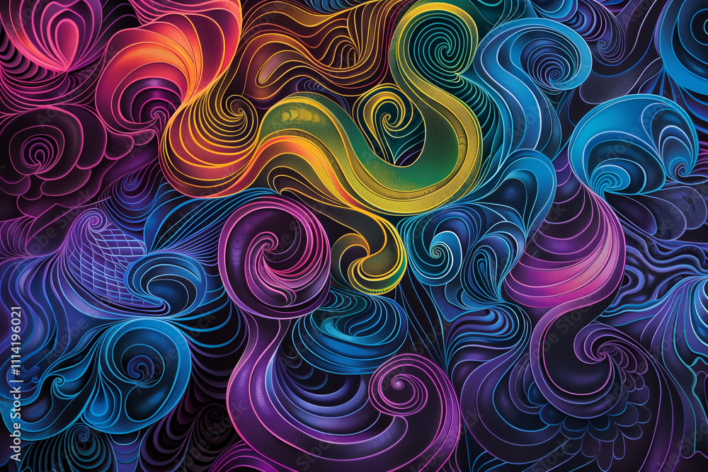 Poster a vibrant and intricate line art composition featuring swirling, interconnected patterns in a spectr