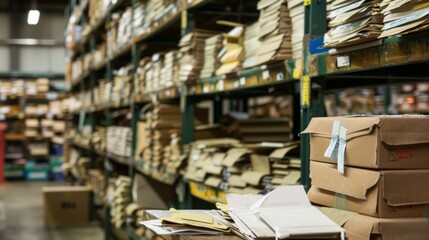 Obraz premium A well-organized storage room with labeled boxes, files, and shelves hinting at active use. Busy archive for documents and tools.