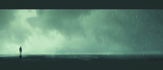 A digital painting shows a lone figure in a flooded landscape under a stormy sky, gazing towards the horizon with small islands on the side.