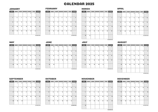 calendar for the year 2025, dynamic and practical to view with spaces for notes, new general calendar great for large sizes A0, A1, A2 and A3