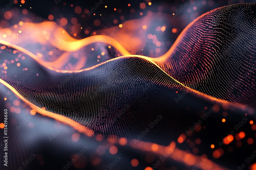 Poster Abstract flowing dark wave with glowing particles.