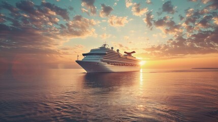 Obraz premium A large cruise ship sails at sunset with colorful clouds. The scene conveys tranquility and beauty of maritime travel in the evening.