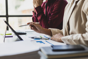 Business executives meeting with financial advisors are analyzing company financial reports and...
